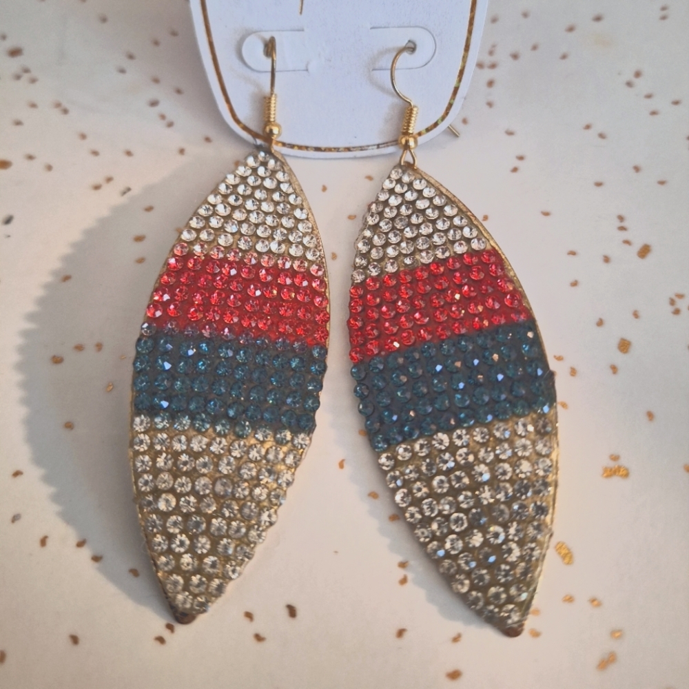 Red, White & Blue Striped Rhinestone Dangle Earrings